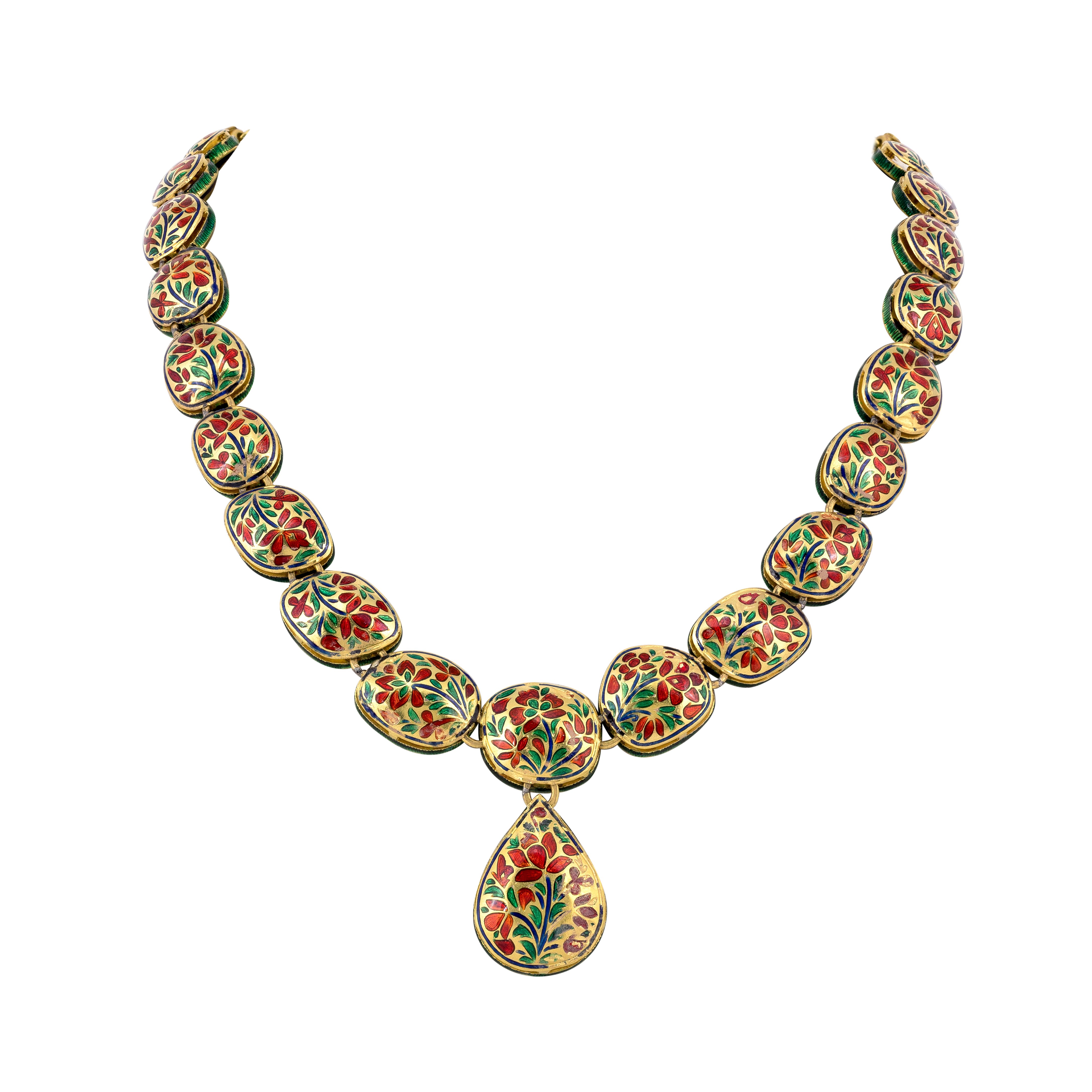 Framed Blue Enamel Polki Necklace with Central Teardrop Pendant